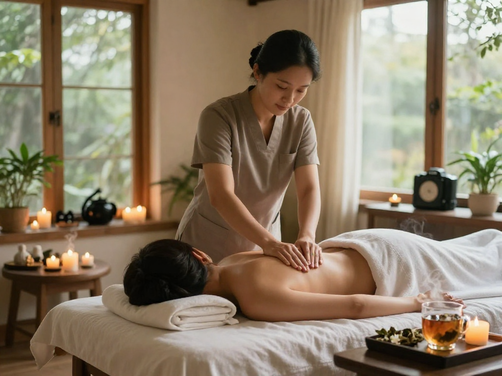 서대문출장마사지 client receiving relaxing therapy in a tranquil setting, with candles and herbal tea enhancing the atmosphere.