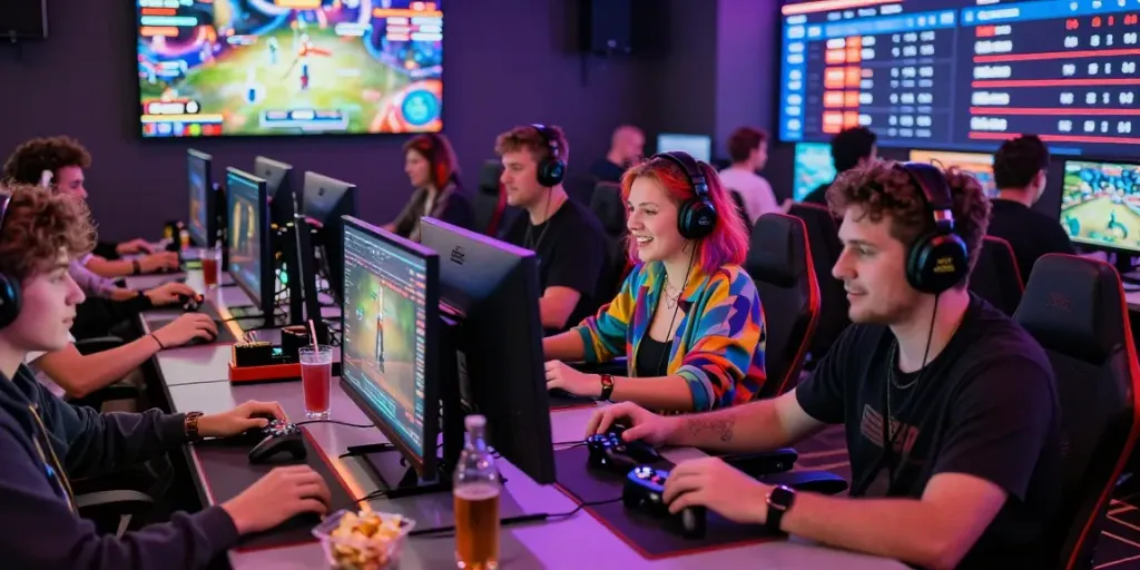 Exciting scene of players engaging in rokok88 login gaming lounge surrounded by vibrant lights and gaming setups.