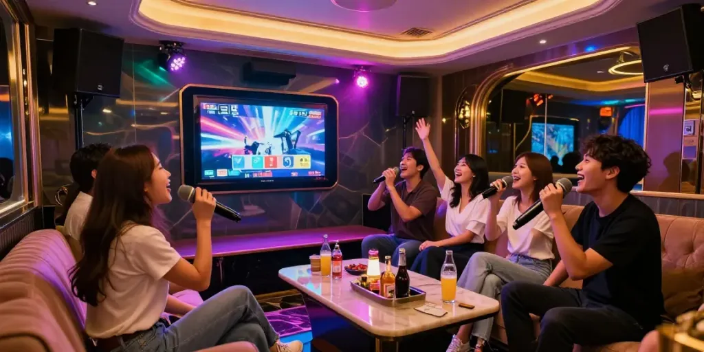 강남 달토에서 즐거운 시간을 보내는 친구들, 화려한 조명과 고품질 사운드 시스템을 갖춘 고급 가라오케 룸에서 노래하는 모습