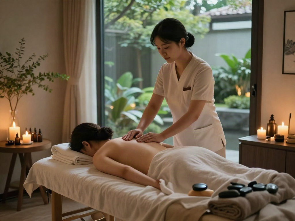 Relaxing 성남출장마사지 in a serene spa room with candles and essential oils.