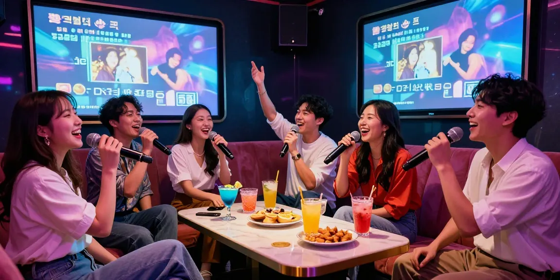 강남가라오케에서 친구들과 함께 노래를 부르며 즐거운 시간을 보내는 모습