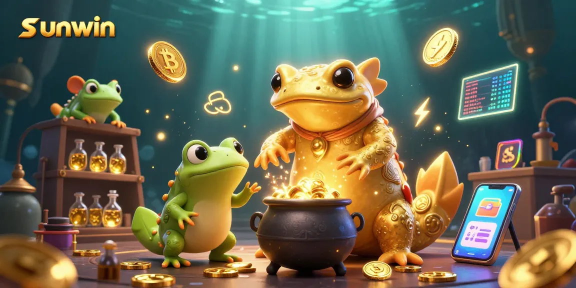 Earn big with sunwin in a vibrant, dynamic 3D casino scene of gold and crypto.