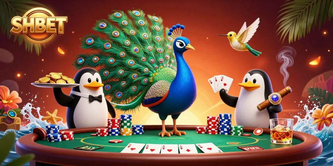 Experience vibrant SHBET gaming with cartoon peacock, penguin, and hummingbird in a lively casino scene.