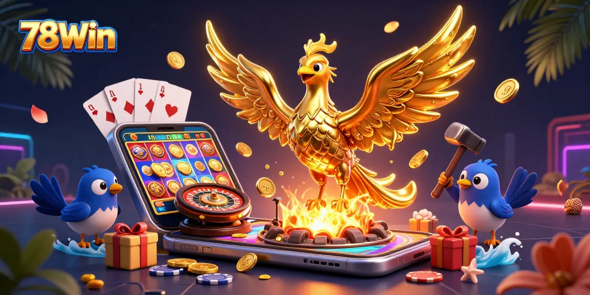Experience the excitement of 78Win with a molten phoenix and dynamic casino elements.