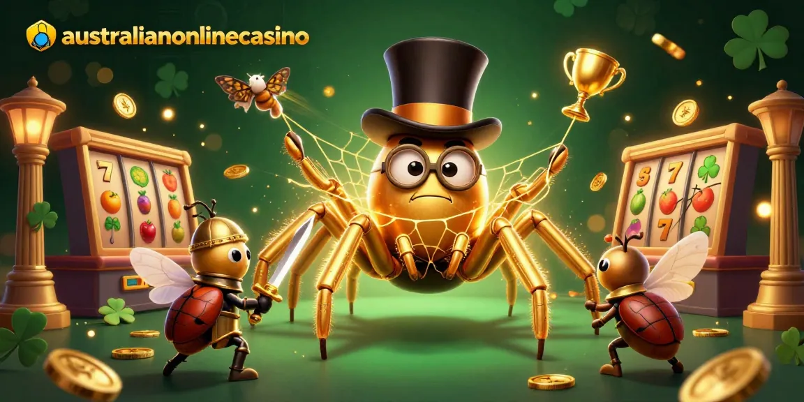 Spin slot reels and win with australianonlinecasino's golden characters in playful casino scene.